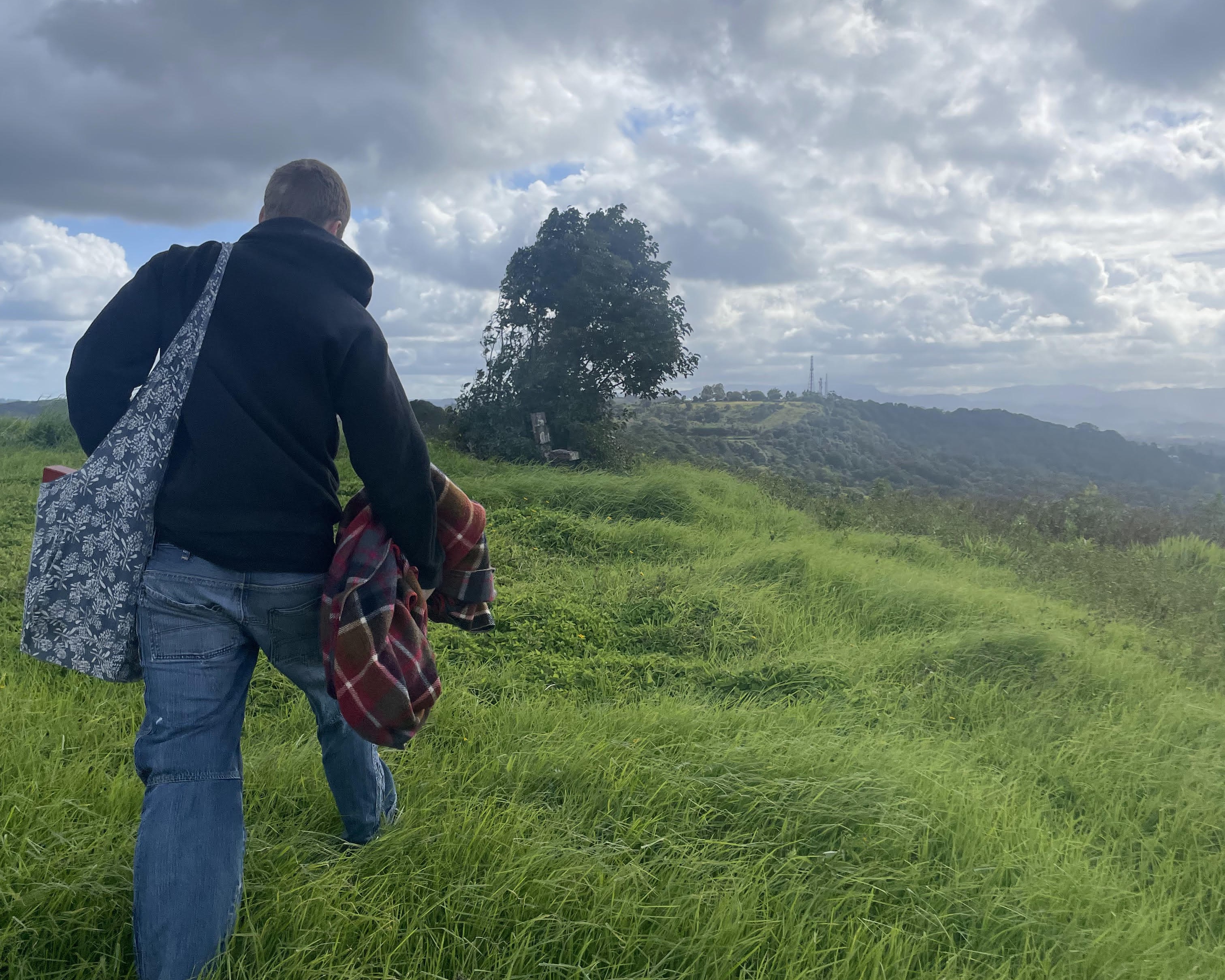 Timothy walking through a green field